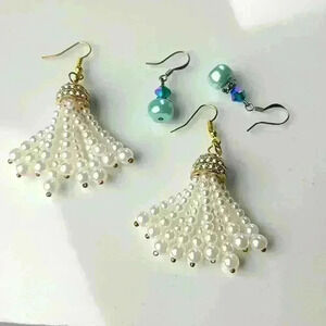 Vintage fuax pearl rhinestones earrings and blue beads earrings bundle